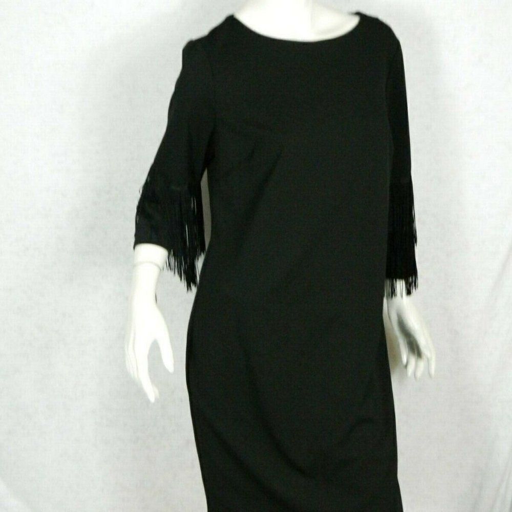 ILE New‎ York Dress Black Sheath Fringe Sleeves 12